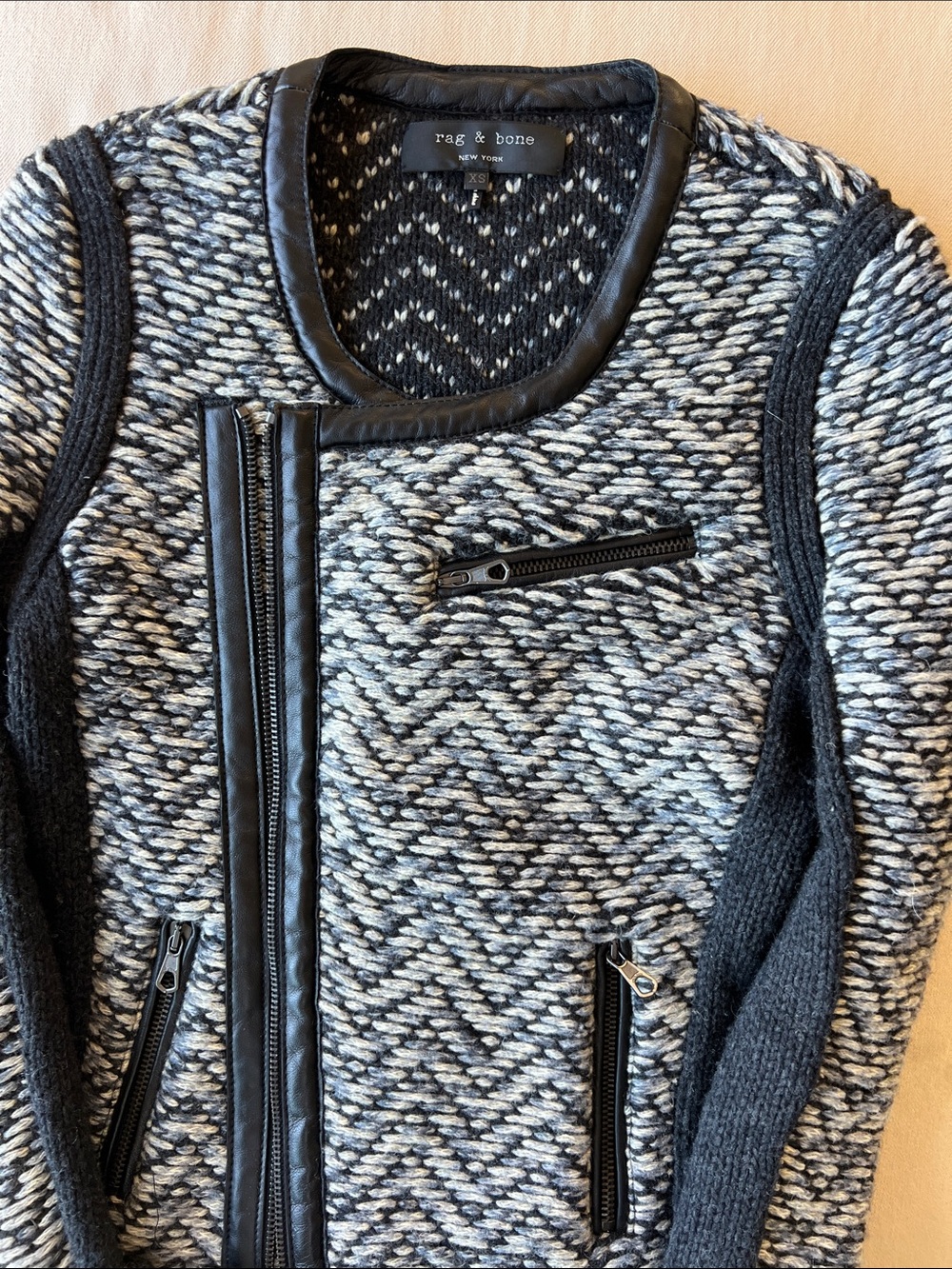 rag & bone Samantha Knit Tweed Charcoal Wool Lamb Leather Trim Jacket - Picture 5 of 12